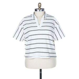 Thread & Supply Stripe Terry Popover Shirt Plus Size White Black V-Neck 1X‎ 1XL